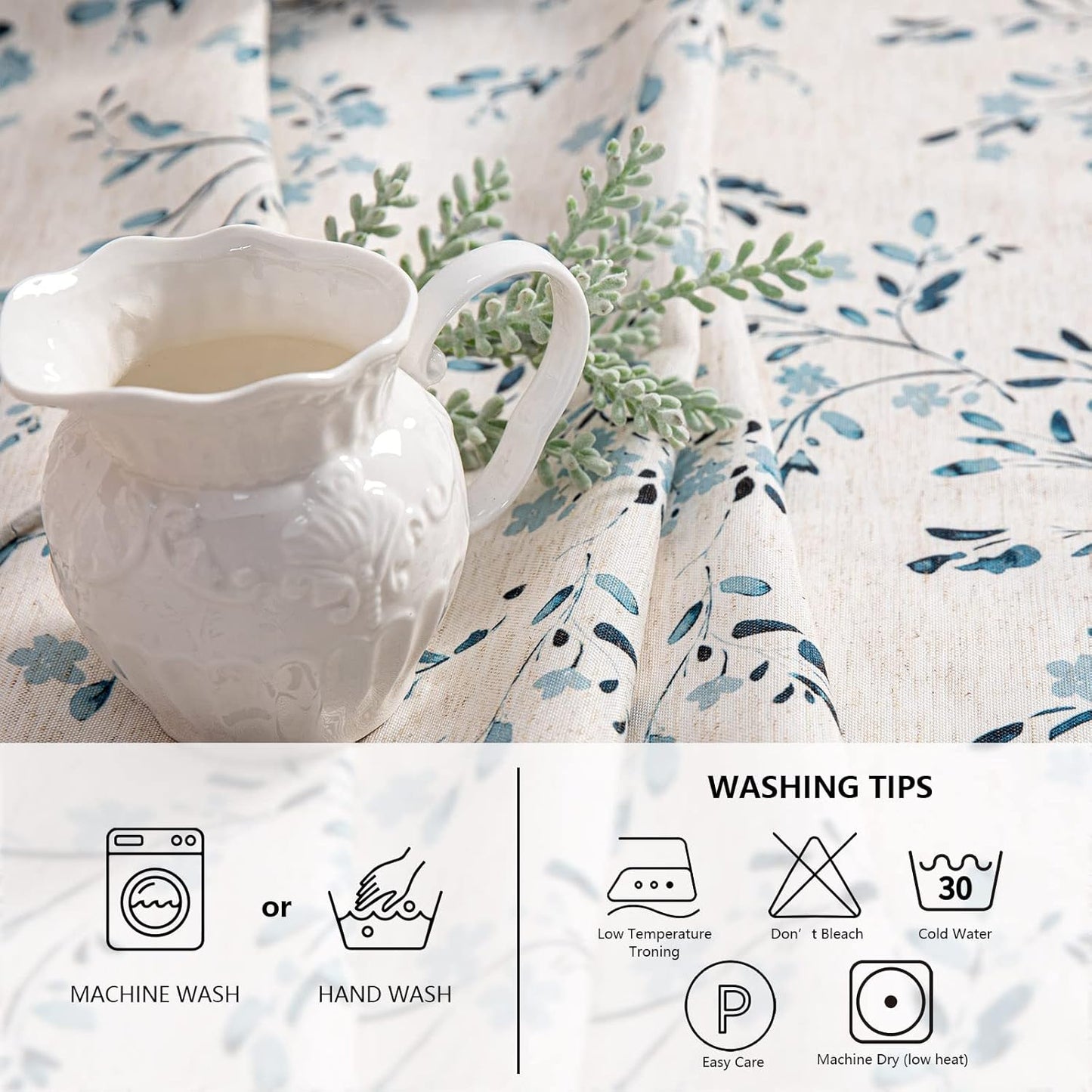 Mysky Home Rectangle Table Cloth 60x120 Inch - Spring Summer Floral Tablecloth, Waterproof Linen Fabric Oblong Table Cloth for Kitchen Dining Tablecloth for 6 Feet Table Blue, Small Blue Flower Design