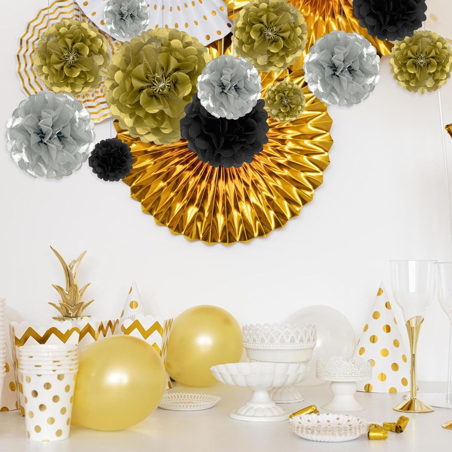 Tissue Paper Pom Poms, Black Gold Silver Tissue Paper Flowers, Hanging Flower Balls for Weddings Fiesta Parties Birthday Baby Showers Classroom Bridal Shower Decoration (18Piece Set-6/10/12/14Inch)