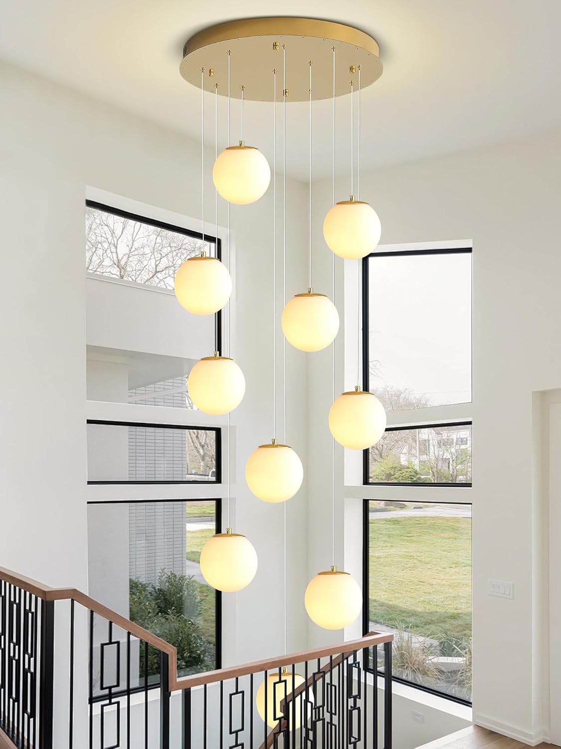 H118 Large Chandeliers for High Ceilings,12-Lights Mid Century Globe Chandelier Gold Modern Globe Pendant Light for Entryway Villas and Stairs