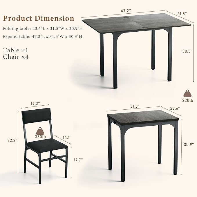 HUAHUU Dining Table Set for 4, Extendable Kitchen Table Cushion Chairs Set of 4 - Image 2