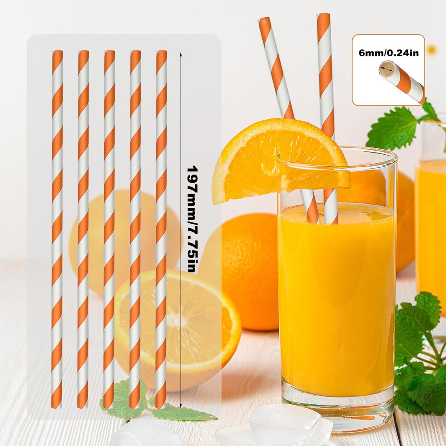 200 Orange Straws, Biodegradable Orange and White Paper Striped Straws for Coffee, Cocktail, Lemonade, Milkshake, DIY Decorations, Weddings, Bridal, Baby Shower, Party Supplies