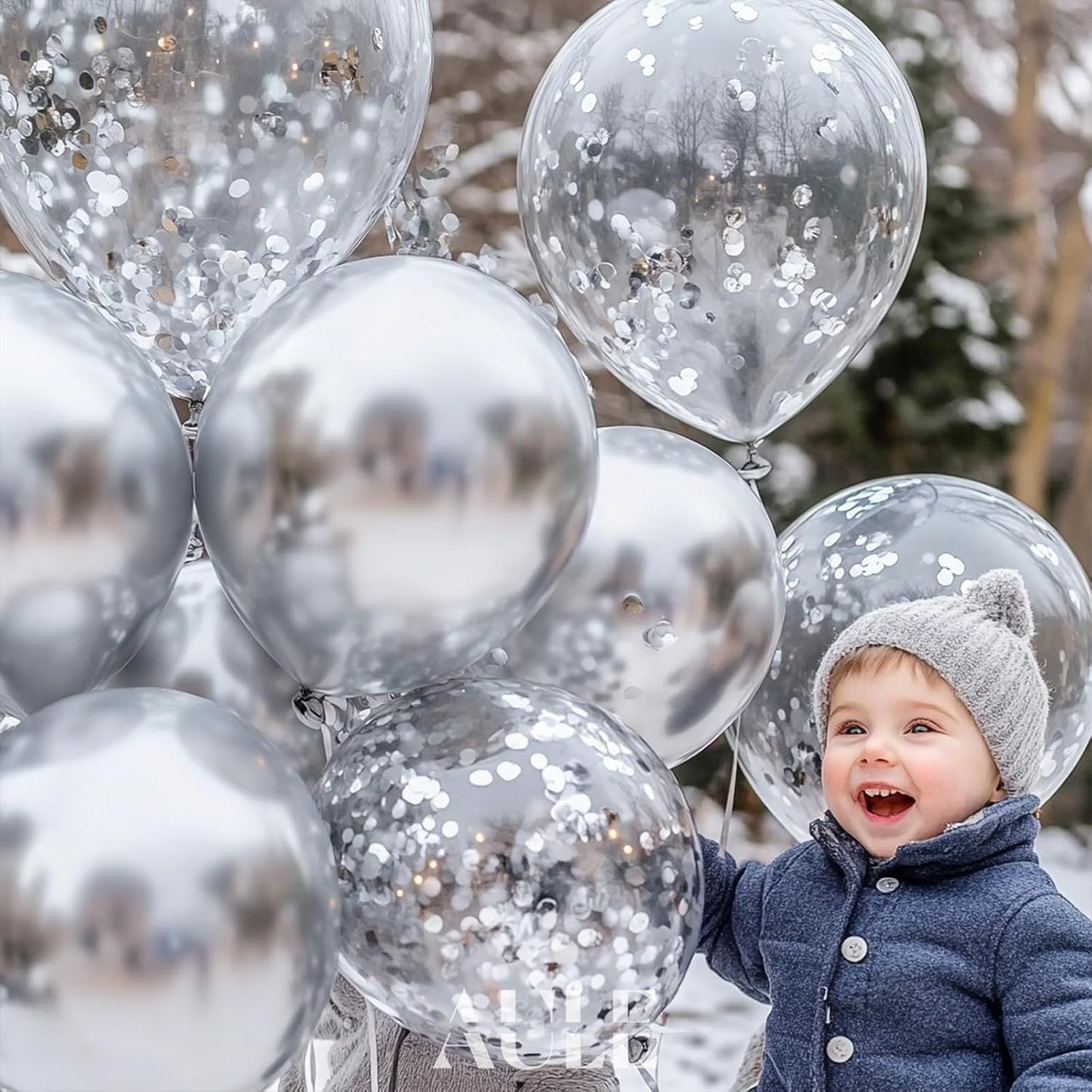 AULE Party Balloons Pack of 42 - Metallic Balloons & Confetti Balloons and 64ft Ribbons - 12 Inch Silver Balloons Decorations Set