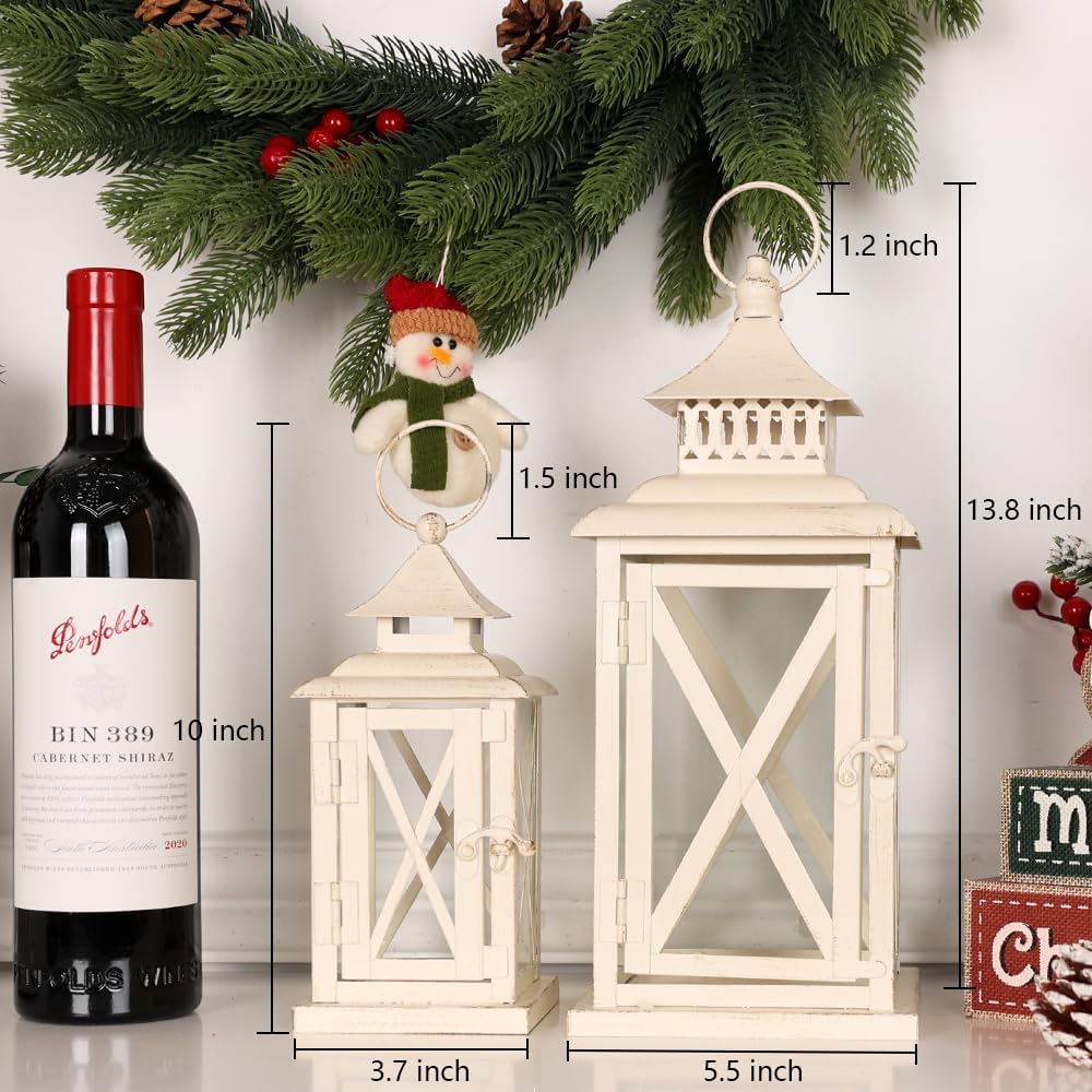 Lanterns Decorative Outdoor&Indoor, Set of 2 (14"&10") Beige Metal Lantern Decor with Glass, Candle Holder for Porch, Patio, Garden, Balcony, Wedding, Table Centerpiece