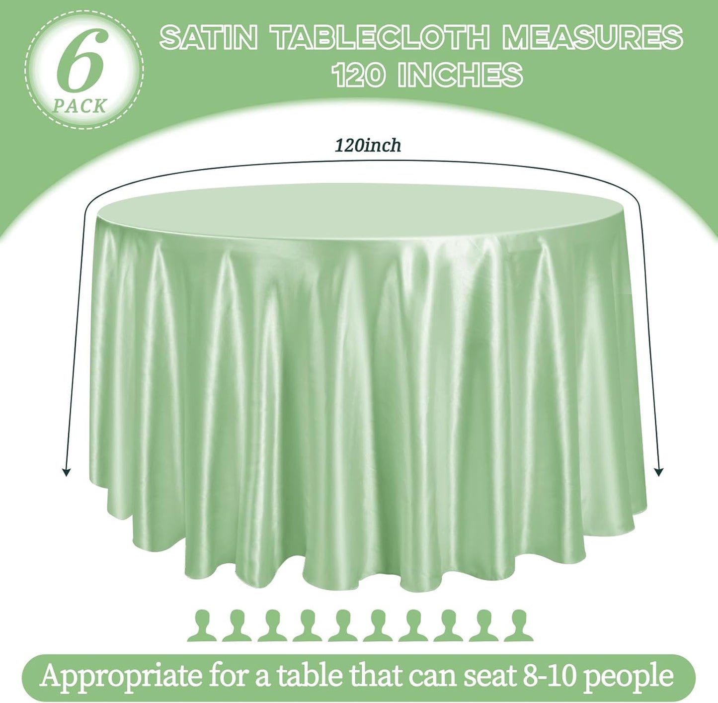 fani 6 Pack 120 Inch Sage Green Satin Tablecloth - Silky Round Tablecloth Overlay Smooth Fabric Table Cover, Bright Table Decoration for Wedding Party Banquet Events Restaurant Kitchen Dining