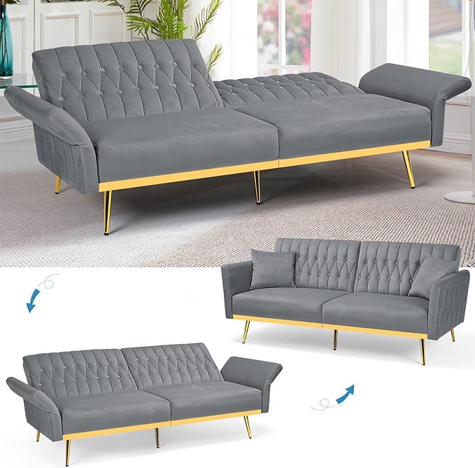 70” Velvet Futon Sofa Bed with 2 Pillows and Adjustable Armrests, Convertible - Image 5