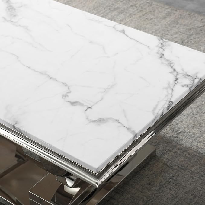 Henf 47" Marble Coffee Table Modern White Faux Marble Center Table - Image 7
