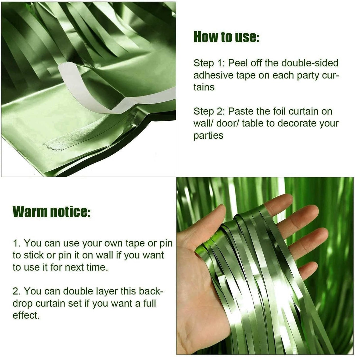 4 Pack Light Green Foil Fringe Curtain Backdrop, 3.28Ft x 8.2Ft Metallic Tinsel Foil Fringe Streamer Curtains for Photo Booth Props, Birthday, Wedding, Christmas Decorations Party Supplies New