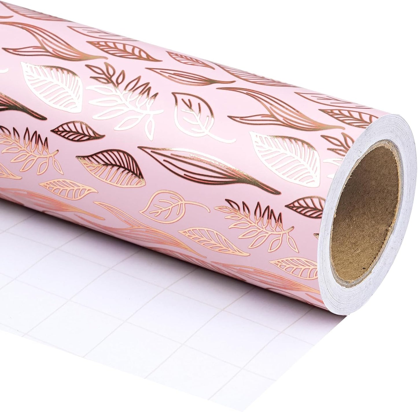 WRAPAHOLIC Pink Wrapping Paper Roll - 17 Inch x 33 Feet - Metallic Rose Gold Leaves Wedding Wrapping Paper for Birthday, Baby Shower, Wedding, Bridal Shower