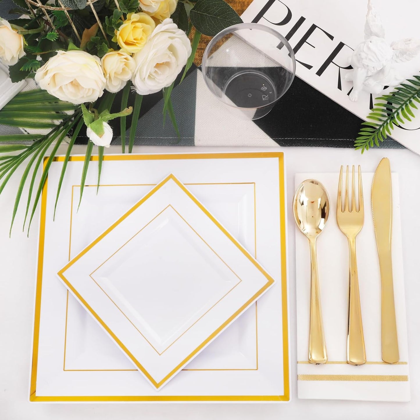 Festiva 350Pcs Gold Plastic Plates - Disposable Square Gold Plates Dinnerware set include 9.5"/6" Plates,Cups,Plastic Cutlery,Hand Napkins Perfect for 50 guests Party&Wedding&Birthday