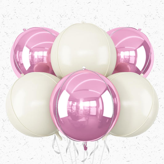 6Pcs Pink Cream White Round Foil Balloons,Giant 4D Round Ball Balloon,22 Inch Metallic Pink Cream White Balloons for Birthday Wedding Baby Shower Party Decorations