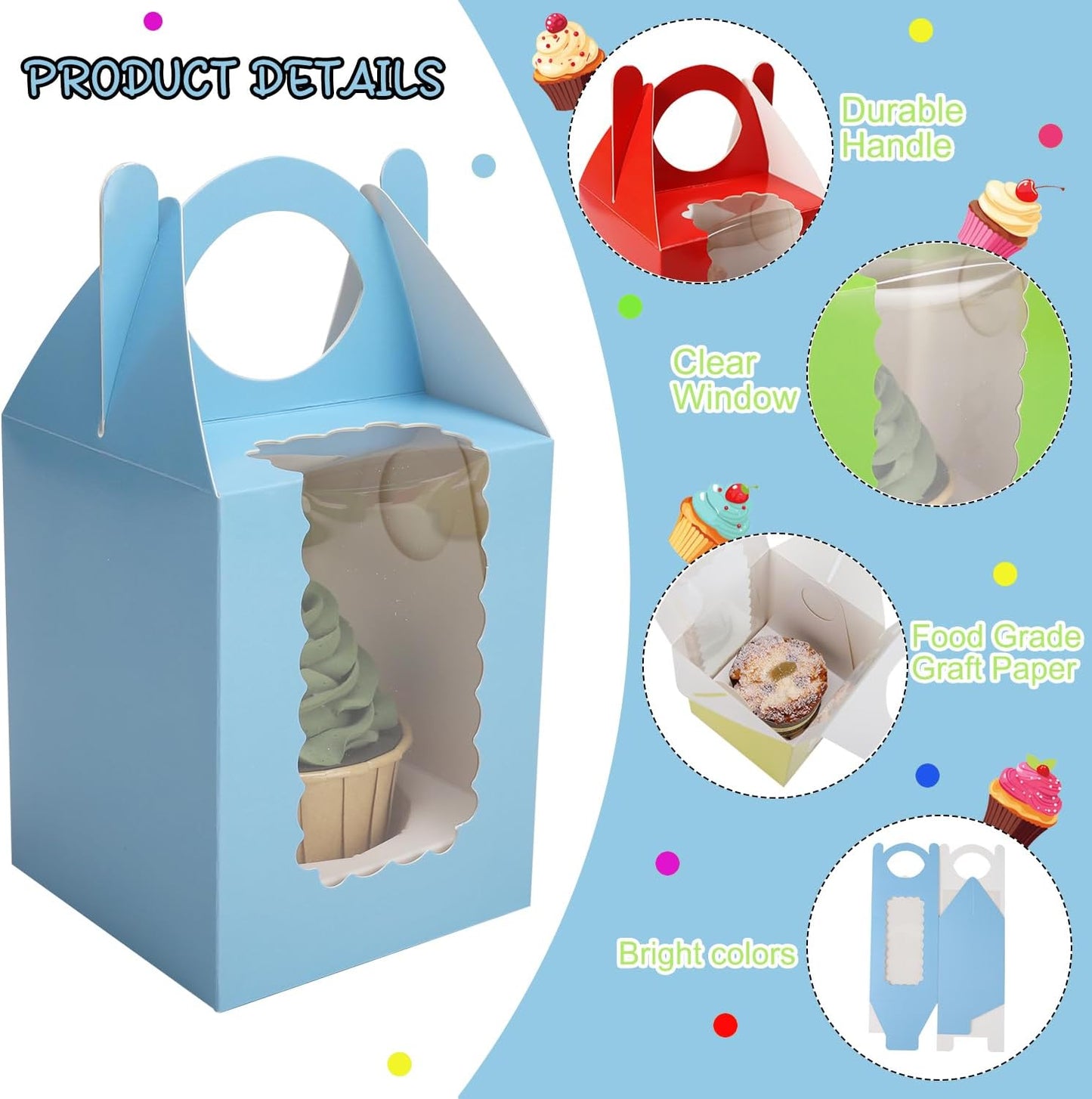 Individual Cupcake Boxes 4x4x5 Inches Disposable Pastry Tray Boxes, With Window Insert and Handle, Perfect for Parties, Birthdays, Bakery Wrapping and Events Containers (Blue-25Pack)