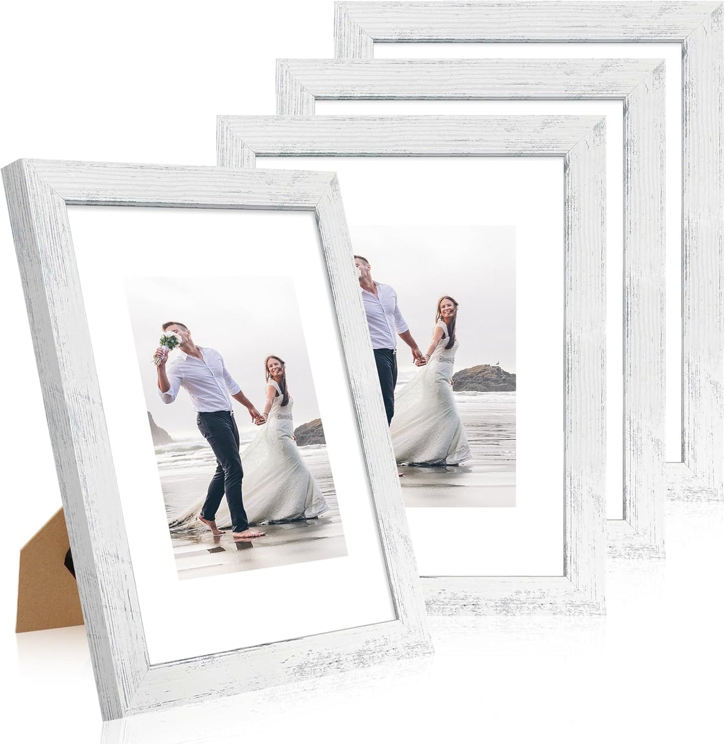 9x12 Picture Frame Set of 4 with Tempered Glass, Distressed White Frame Display 6x8 Picture with Mat or 9 x 12 Without Mat, Wooden Photo Frame for Wall Mount and Tabletop Display