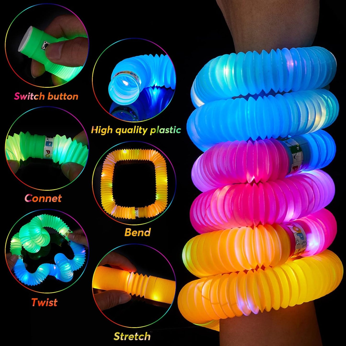 12 PCS Light Up Glow Sticks - LED Pop Tubes, Glow in The Dark Party Supplies, Sensory Toys Birthday Party Favors for Kids, Light Up Toys Goodie Bag Stuffers Gifts