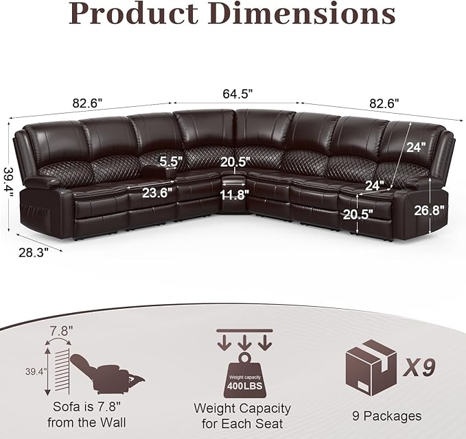 Yolsali Manual Reclining Sectional Sofa Set, 7 Seats Soft Leather Recliner - Image 2