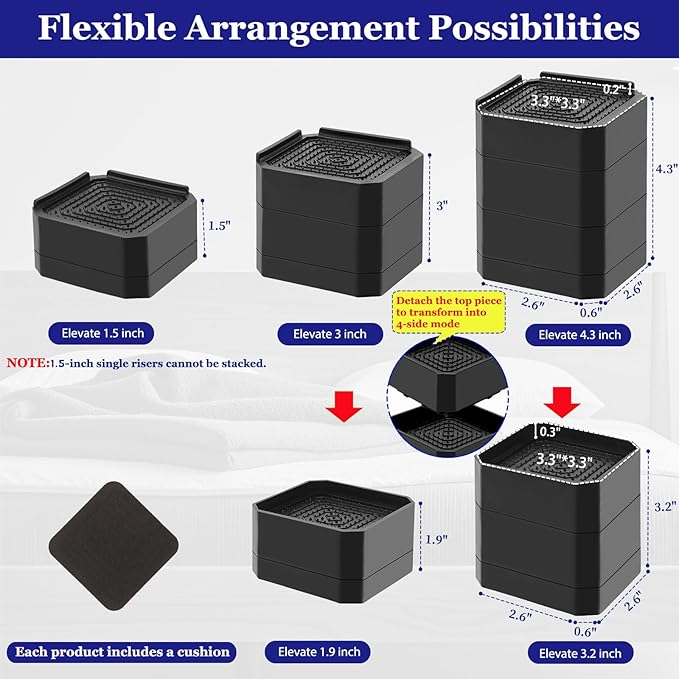 Bed Risers Heavy Duty, Adjustable Furniture Riser Blocks Lift 1.5, 4.3 inches - Image 2