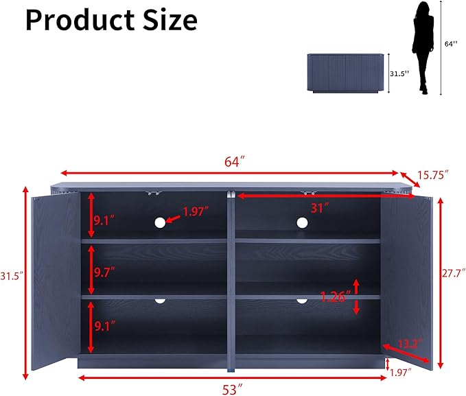 LKTART 64" Buffet Cabinet with Storage, Modern Fluted Accent Sideboard Media - Image 2