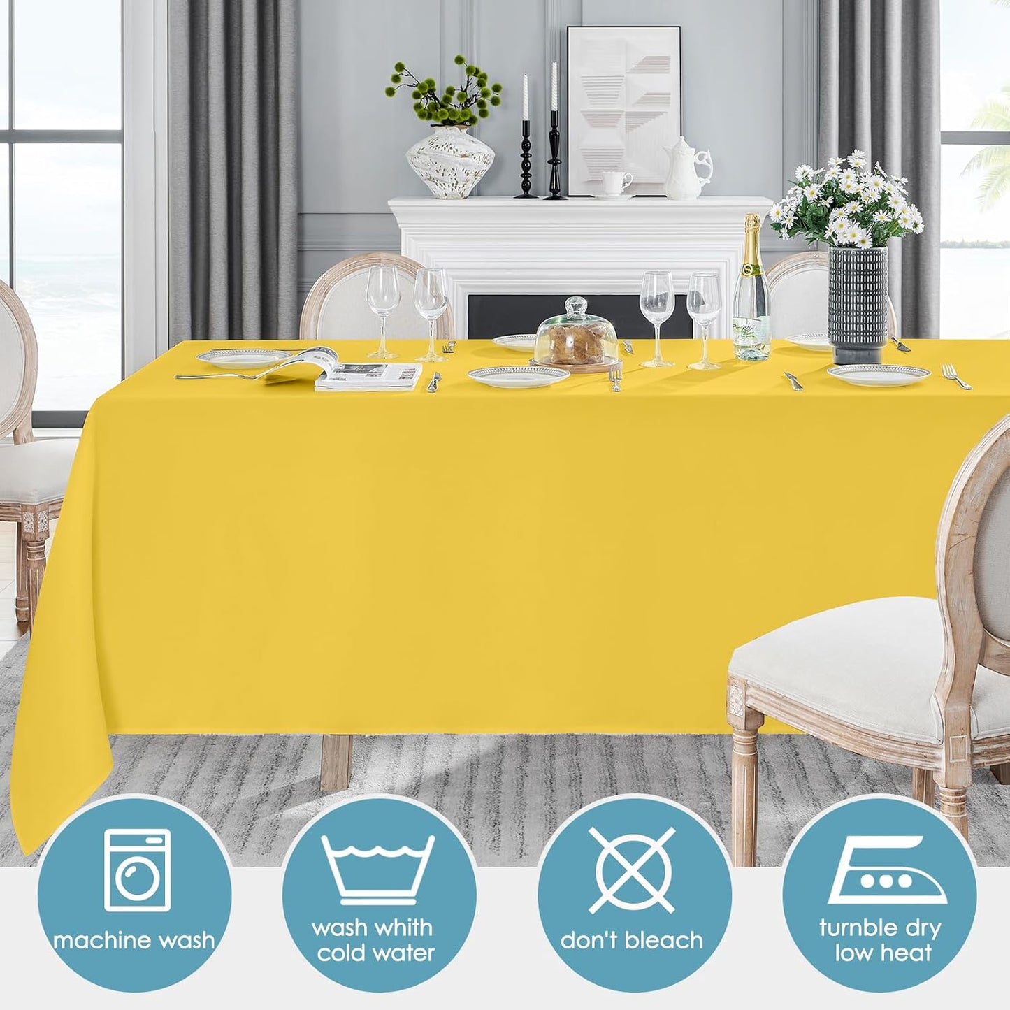 VidaFete Tablecloth 6 Pack 90 * 156inch Rectangle Table Cloth Polyester, Stain Wrinkle Resistant Polyester Dining Table Cover for Kitchen Dinning Party Wedding Rectangular Buffet Decoration(Yellow)