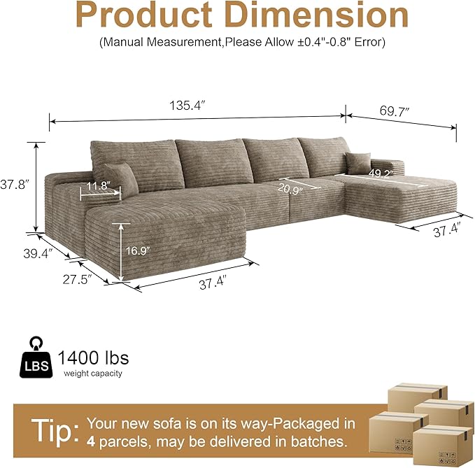 136" Sectional Couches for Living Room Cloud Couch Sofa - Image 2