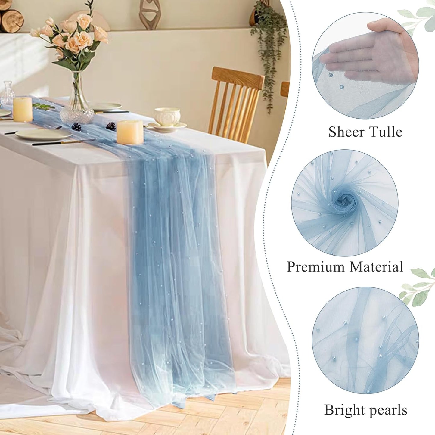 Set of 6 Pearl Table Runner 29 x 120 Inch Dusty Blue Tulle Fabric Lace Table Runners Boho Rustic Table Runners for Bridal Shower Birthday Party Wedding Arch Aisle Veil Dessert Table Decor(Dusty Blue)