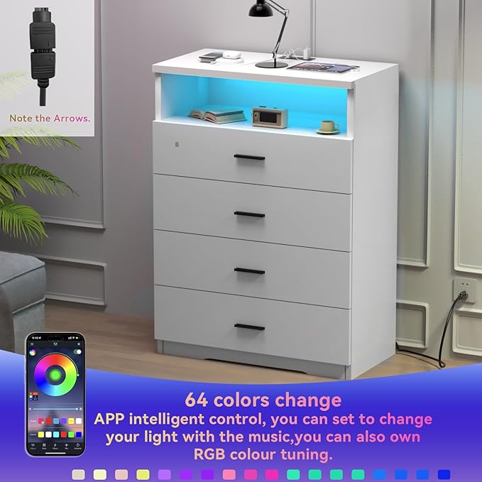 FJTJBSI Dresser with Power Outlets and LED Lights Wooden 4 Drawer Dresser with - Image 4