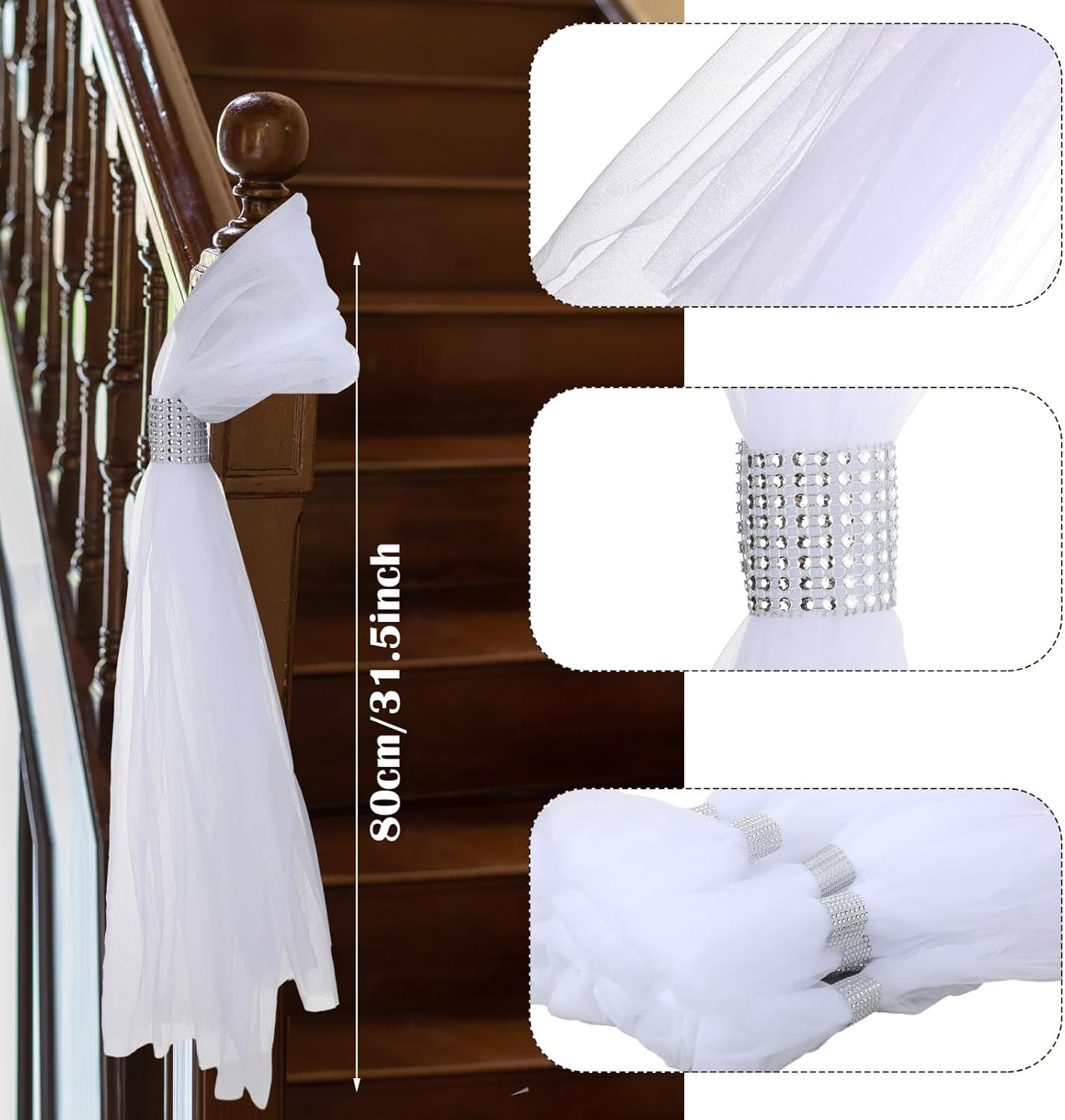 36 Set Wedding Aisle Chair Decorations 31.5 Inch Pew Bows with Long Tulle Tails and Rhinestone wrap for Wedding Ceremony Church Bridal Shower Banquet Decor (Silver)