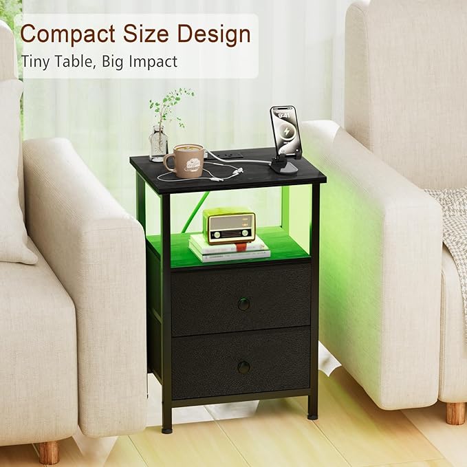 LOAKEKEL LED Night Stand with Charging Station, Small Bedside Table with USB - Image 6