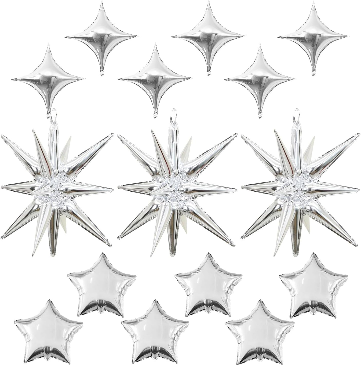 Silver Star Balloons, 22in Large Star Balloons Foil 10in 4-Pointed & Silver Pentagram Balloon for Graduation New Year Wedding Baby Shower Birthday Party Decorations