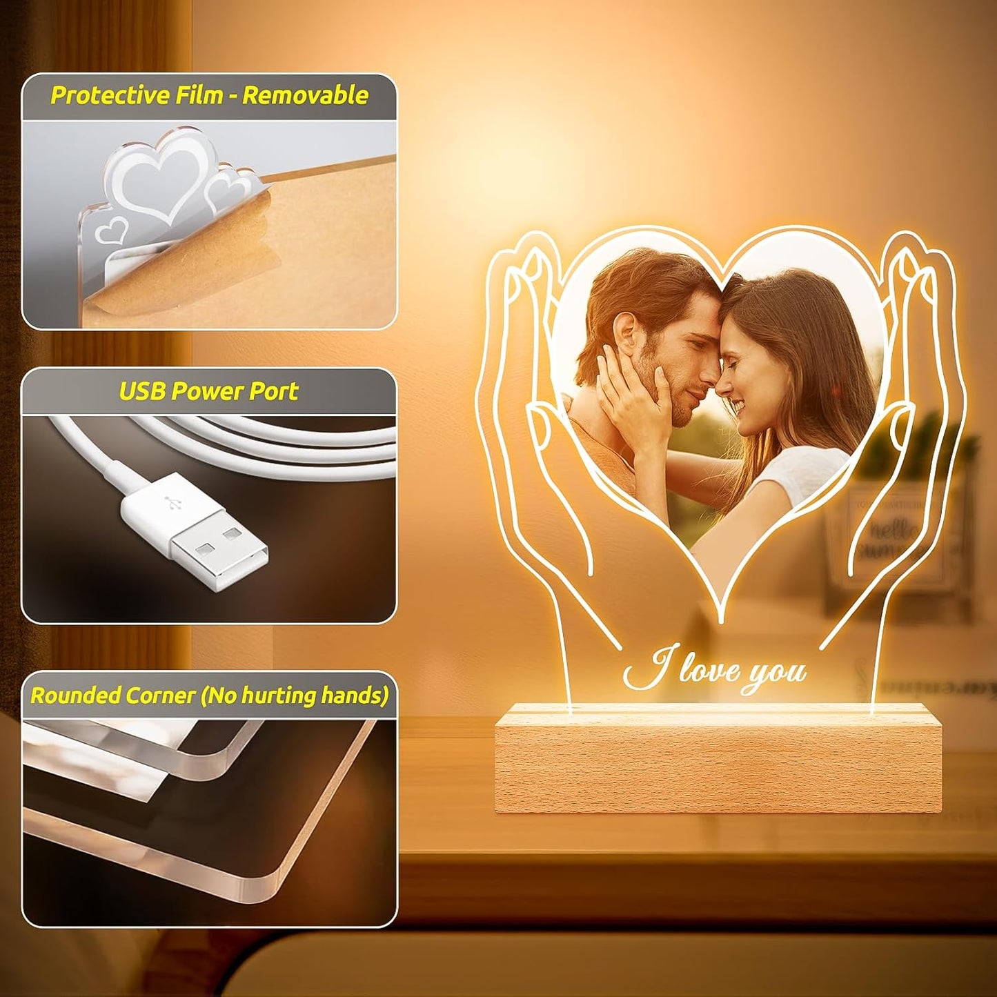 Personalized Picture Frame with Photo, Customized Photo Frame with Night Light, Custom Picture Frames, Personalized Anniversary Birthday Gifts for Women Men Her Him Girlfriend Boyfriend Couples