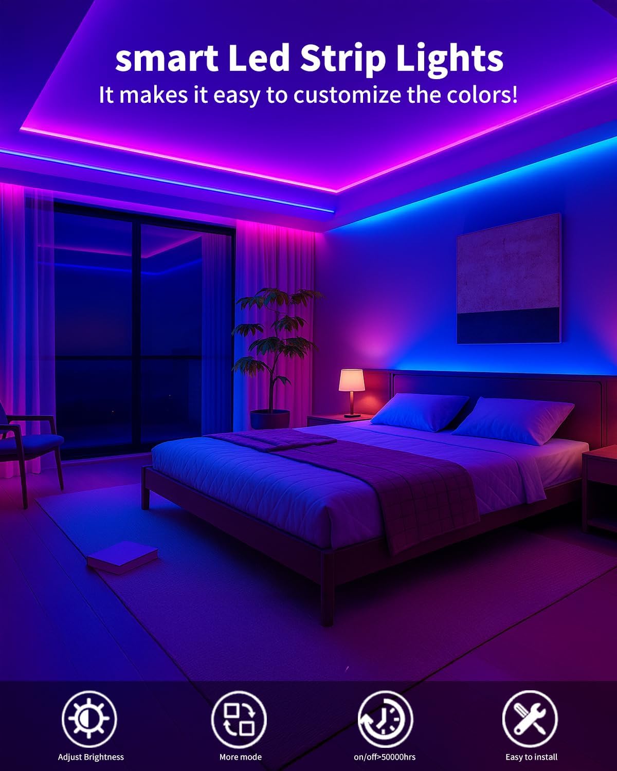 Smart LED Strip Lights 50FT for Bedroom App Control Lighting Bedroom Rome Decor with Remote, RGB Music Sync Color Changing LED Lights for Party,Game Room