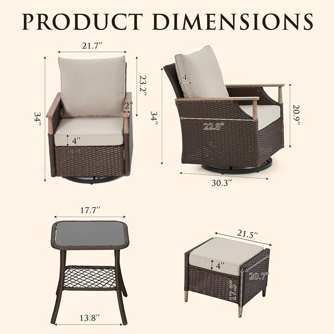 MELLCOM Patio Swivel Glider Rocker Chairs Set Wicker 5 Piece Patio Furniture - Image 2