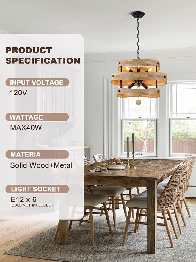 20" Farmhouse Chandeliers for Dining Room 6-Light Solid Wood French Country - Image 6