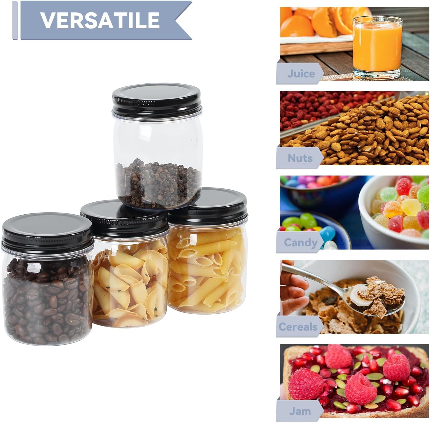 novelinks 8 oz Clear Plastic Jars with Screw-On Lids - BPA-Free Refillable Storage Containers for Slime, Spices, Crafts, Kitchen & Home Organization (16 Pack,Black)