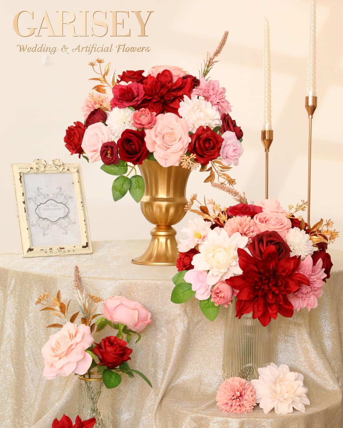Artificial Flowers Combo, Mix Silk Flowers Roses, Peonies, Dahlias with Stems for DIY Wedding Bridal Bouquets, Baby Shower, Table Centerpieces, Home Decor, Fake Floral Arrangements-Red&Pink