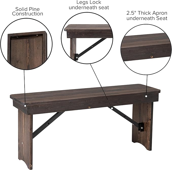 Flash Furniture HERCULES 40" x 12" Folding Farm Bench, Solid Pine Entryway - Image 5