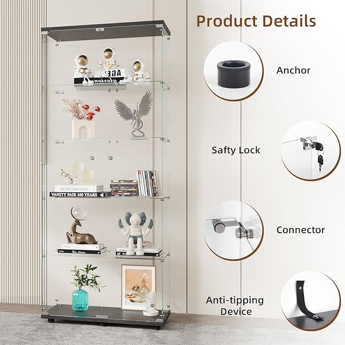 Display Cabinet with Glass Door and Lock, 5-Shelf Curio Cabinets with 5mm - Image 5