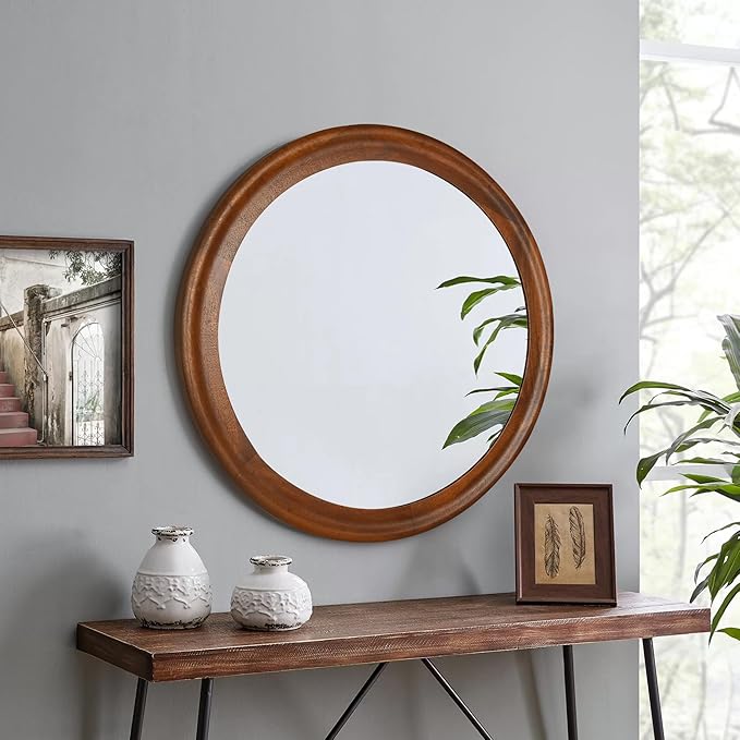 Round Wood Mirrors 30 Inch, Rustic Decorative Transitional Wall Mirror - Image 2