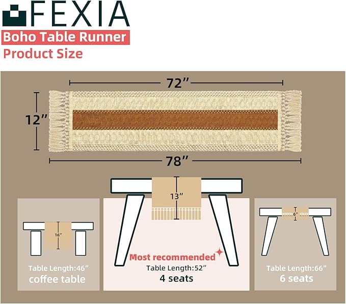 FEXIA Boho Table Runner 72 Inches Long Macrame Summer Decor Coffee Table Cover - Image 2