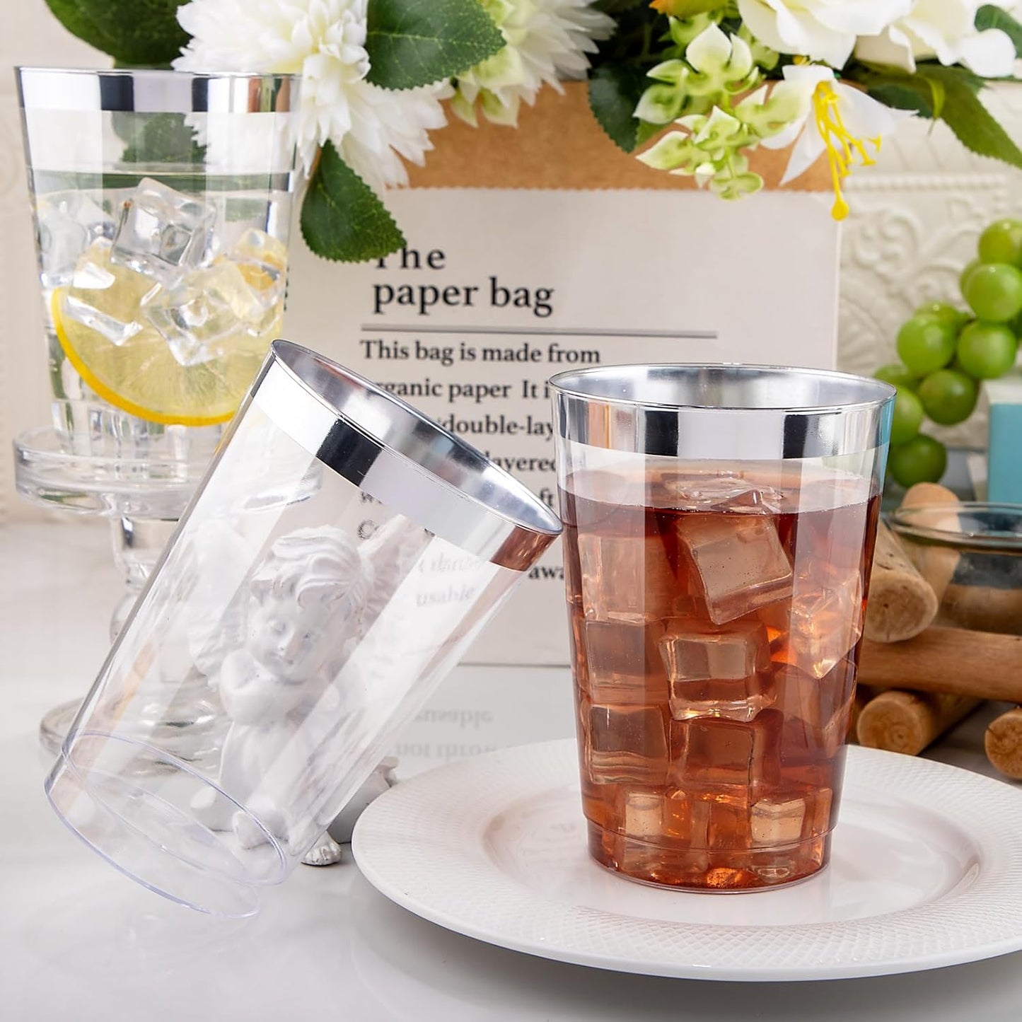 I00000 50 Pack 12 oz Silver Rimmed Disposable Cups, Heavy Duty Plastic Tumblers for Party