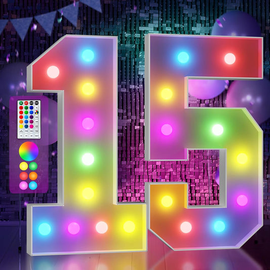Marquee Numbers 15th-Birthday Decoration: Colorful 4FT Large Light Up Quinceanera Birthday Decorations Anniversary Backdrop for Boys Girls Cardboard Sign 18 Colors Number 15 Mosaic Balloon Frame