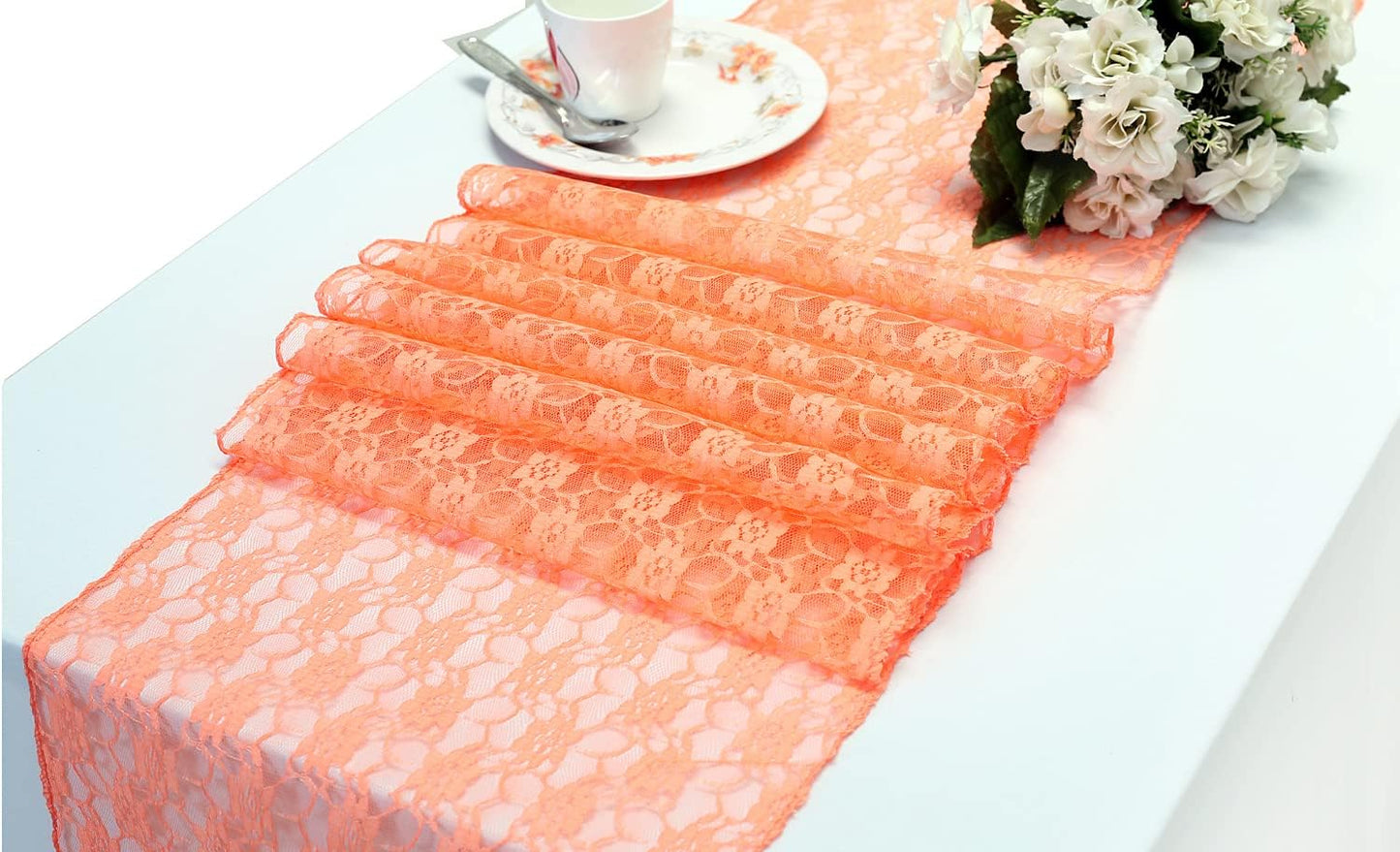 MDS Pack of 20 Wedding 12 x 108 inches Lace Table Runner for Wedding, Decorations for Birthday Parties, Banquets, Graduations, Engagements, and Runners fit Rectangle, Round Table- Peach