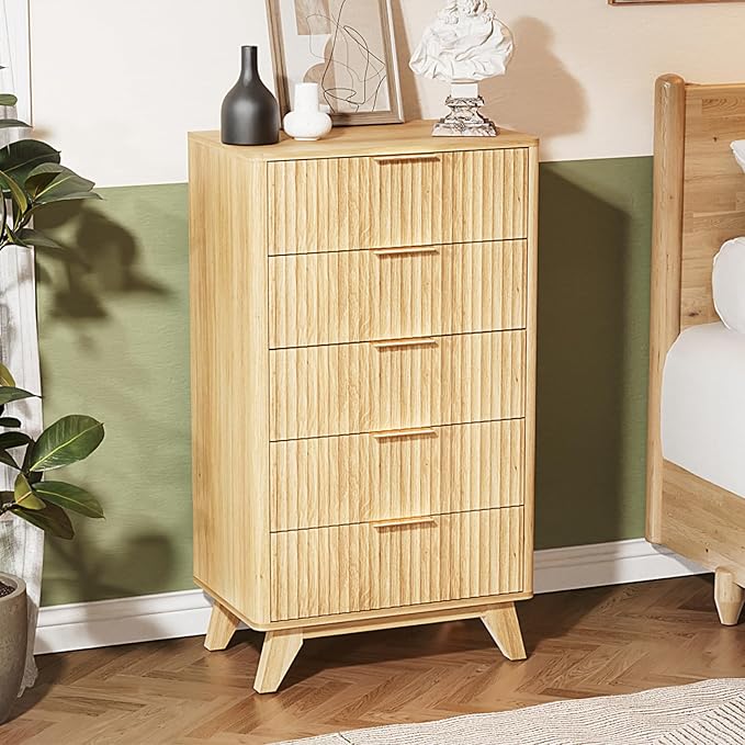 VINGLI Fluted Tall Dresser 5 Drawer, 23.66" W Chest of Drawers, Oak Wood Dresser - Image 6