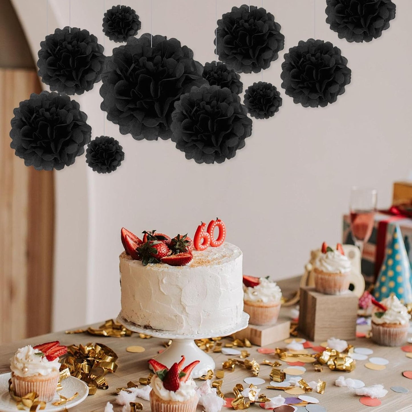 Tissue Paper Pom Poms, Black Tissue Paper Flowers, Hanging Flower Balls for Weddings Fiesta Parties Birthday Baby Showers Classroom Bridal Shower Decoration (20Piece Set-6/10/12/14Inch)