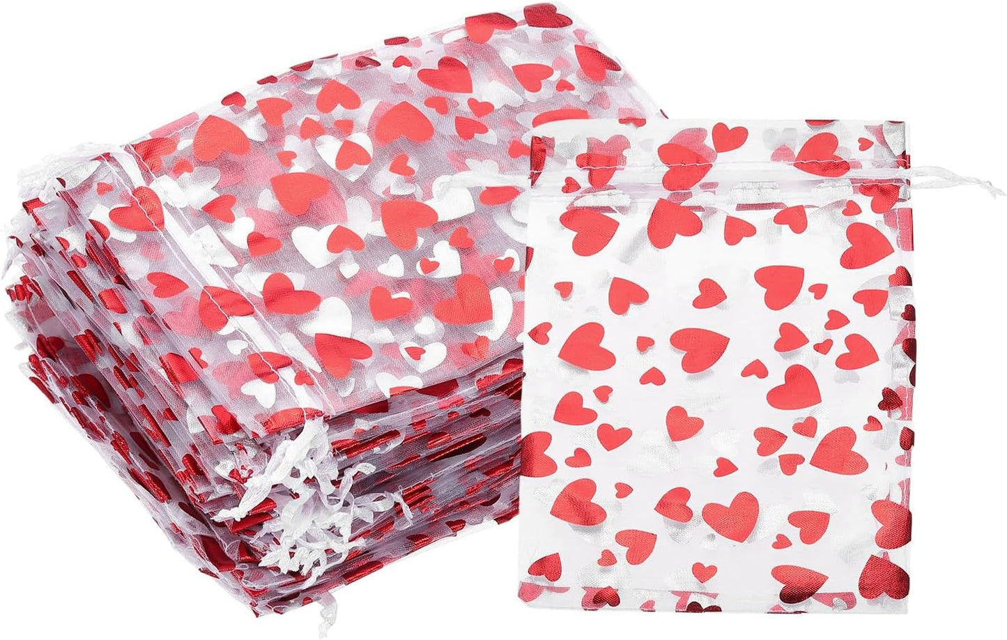 PATIKIL 50 Pcs 5x7 Inch Heart Printed Organza Bags, Red Sheer Heart Organza Bags with Drawstring for Festival Candy Jewelry Party Wedding Favor Gift