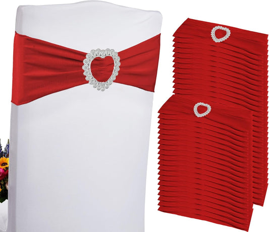 100PCS Spandex Stretch Red Chair Sashes Bows Universal Elastic Chair Cover Bands Ties with Buckle Slider for Wedding Party Birthday Reception Event Banquet Decoration(Red)
