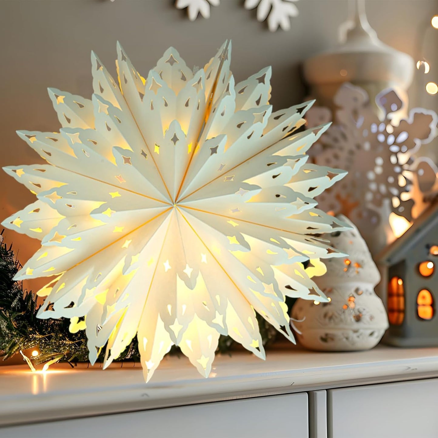 5 Pack Christmas Paper Snowflake Lanterns, Christmas Paper Star Lantern with LED Light White Hanging Lamp Ornaments for Xmas Tree New Year Winter Frozen Weddings Birthday Holiday Party Decorations