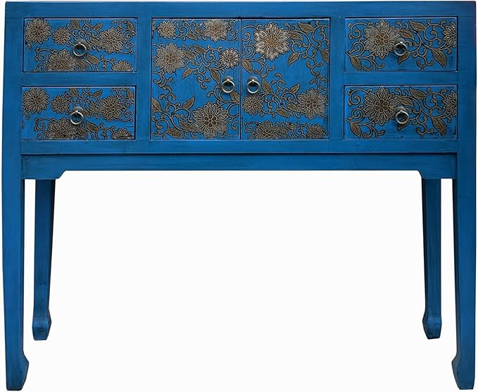 Blue Lacquer Golden Flower Graphic Drawers Slim Foyer Side Table Acs7732 by ORIENTLIVING