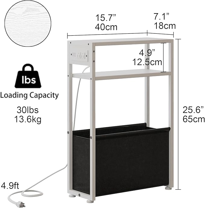 Leomonio White Side Table with Charging Station, Slim End Tables with Fabric - Image 2