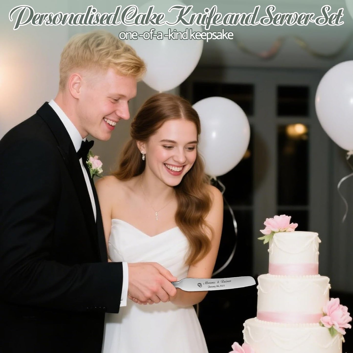 HJX Personalized Wedding Cake Knife and Server Set - Custom Name Engraved Cutting Set with Elegant Gift Box, Ideal for Bridal Wedding Anniversary Birthday Gifts (Embossed handle)