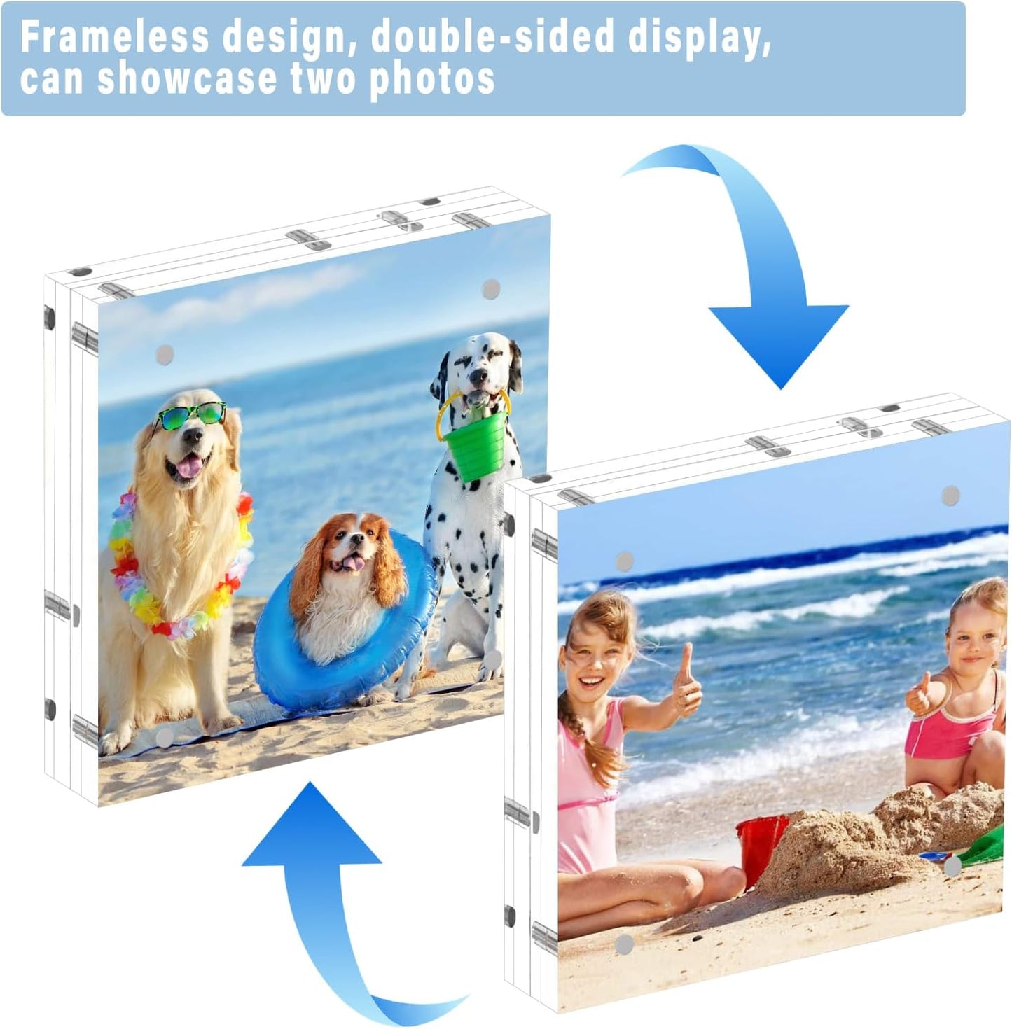 HELPLEX 5 Pack 5x5 Acrylic Picture Frames, 20mm Thicker Frameless Clear Frame Double Sided Magnetic Frame, Free Standing Desktop Display Stand Acrylic Frames