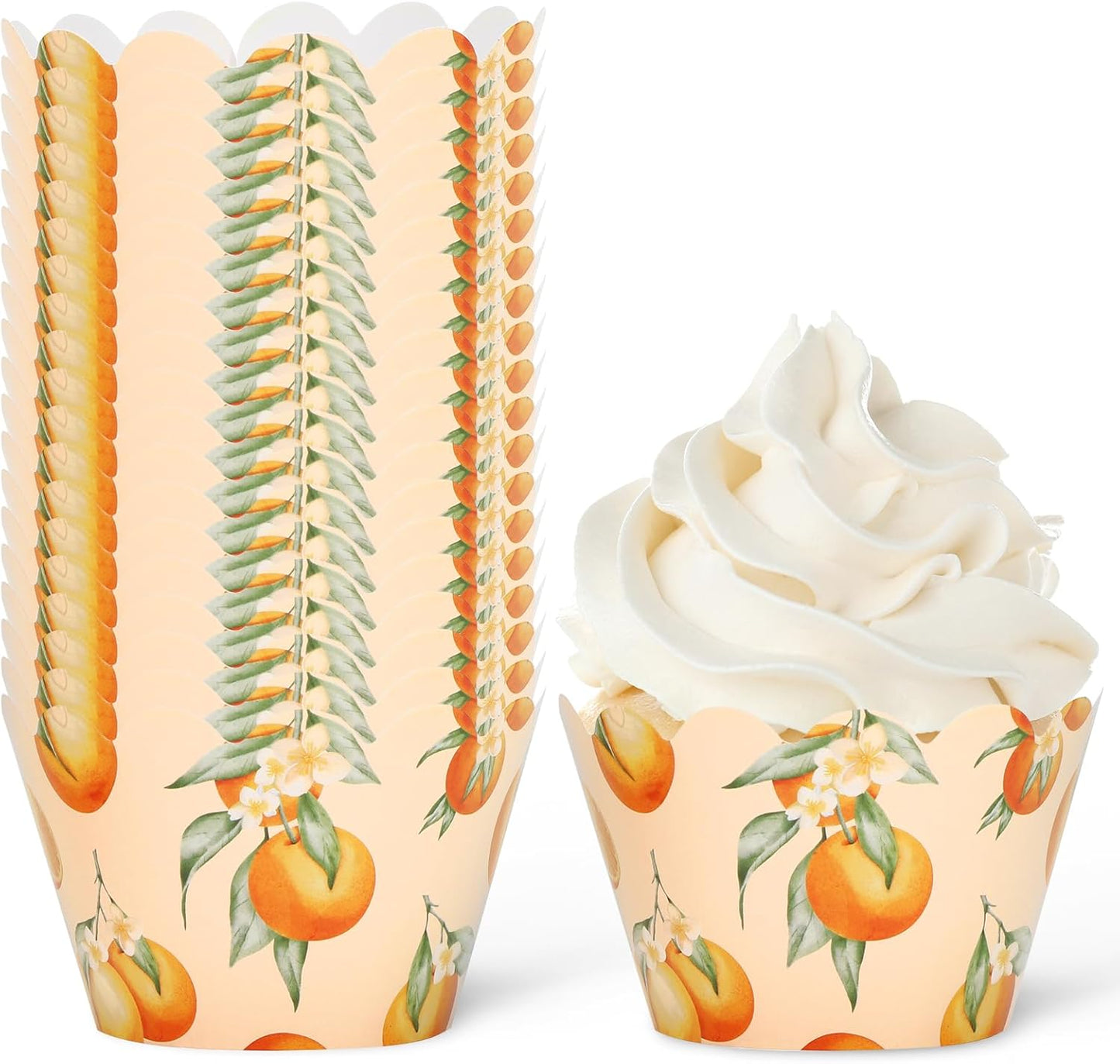 Whaline 36Pcs Little Cutie Cupcake Wrappers Watercolor Orange Cupcake Liners Decorative Cupcake Holders for Birthday Baby Shower Party Cake Decoration